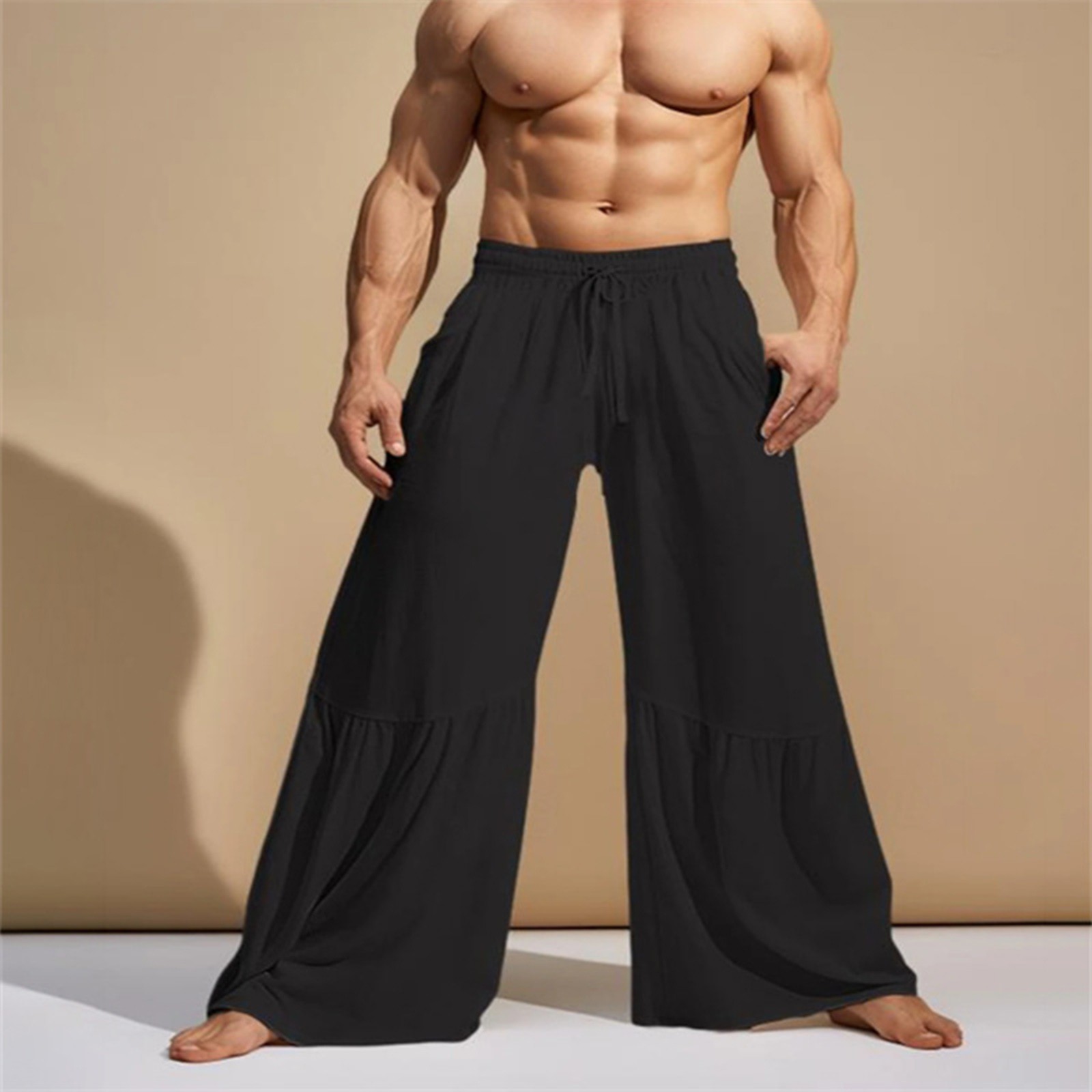 thumbnail image 2 of Pantalones acampanados de color liso con cintura elástica para hombre, primavera-verano - Pantalones informales de poliéster para vacaciones, 2 of 5